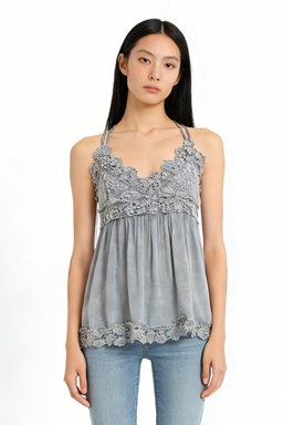 Women’s Garment Dyed Lace Trim Babydoll Cami Top – Crisscross Back Straps|W-08-005 Graphite