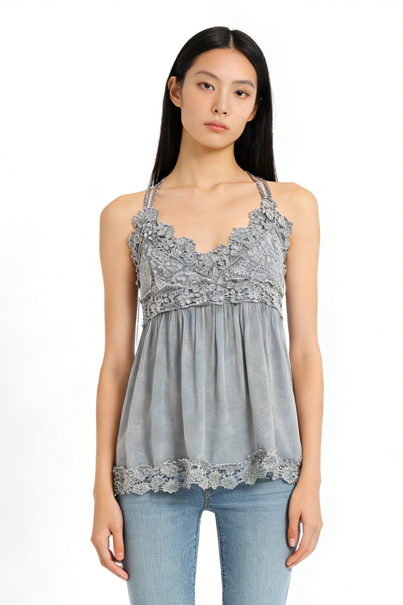 Women’s Garment Dyed Lace Trim Babydoll Cami Top – Crisscross Back Straps|W-08-005 Graphite