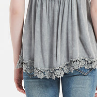 Women’s Garment Dyed Lace Trim Babydoll Cami Top – Crisscross Back Straps|W-08-005 Graphite