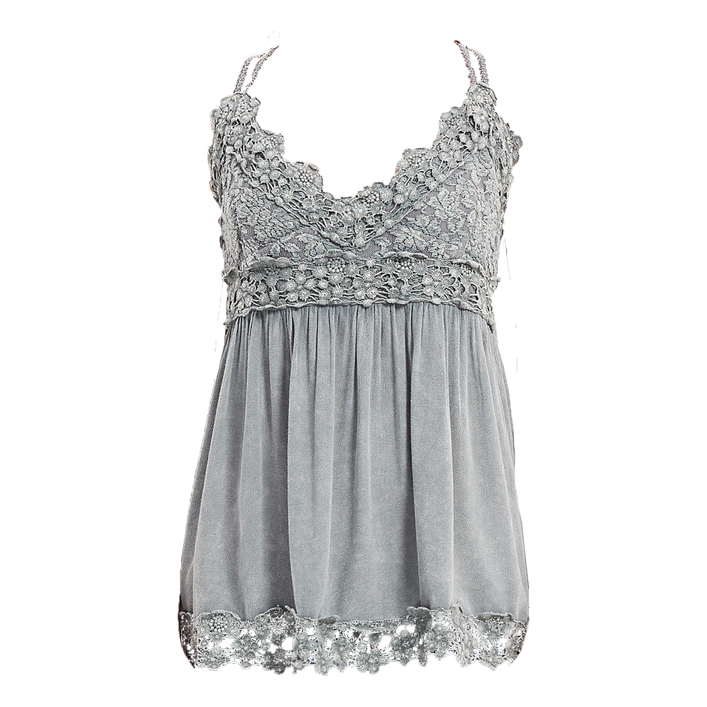 Women’s Garment Dyed Lace Trim Babydoll Cami Top – Crisscross Back Straps|W-08-005 Graphite
