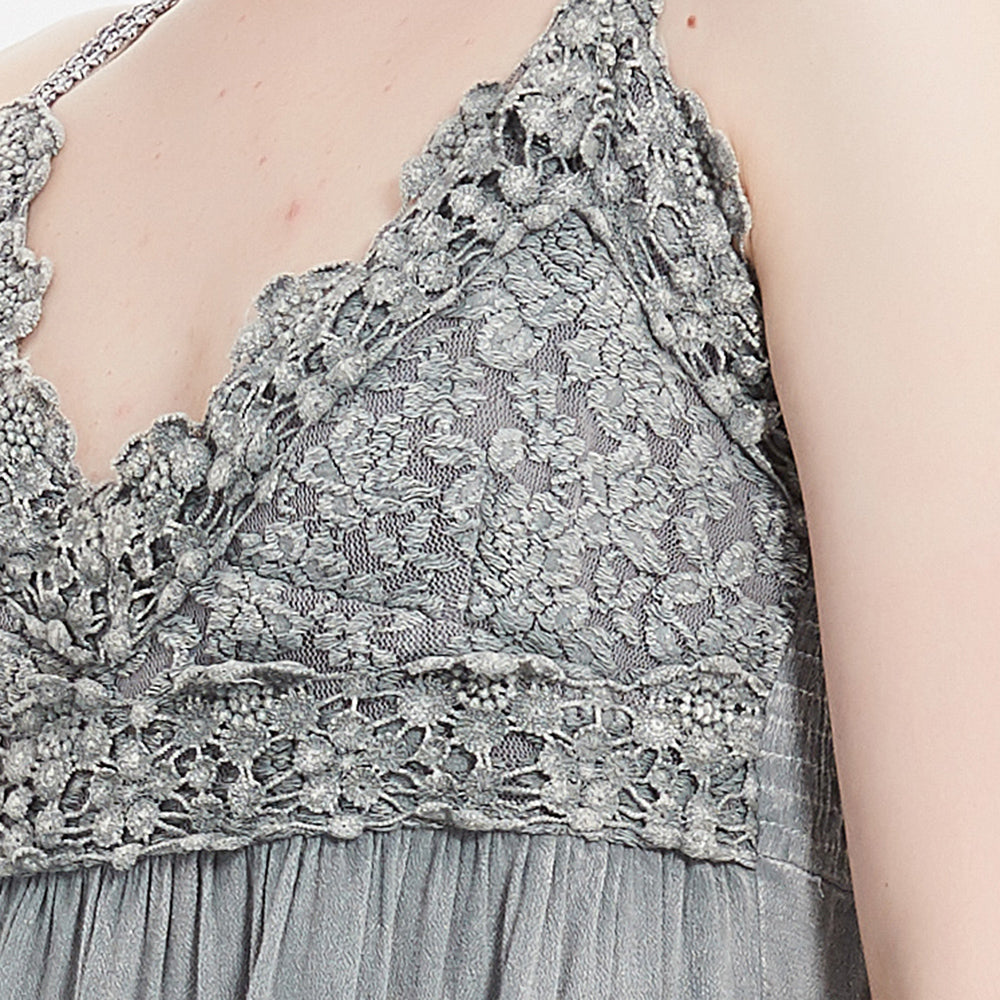 Women’s Garment Dyed Lace Trim Babydoll Cami Top – Crisscross Back Straps|W-08-005 Graphite