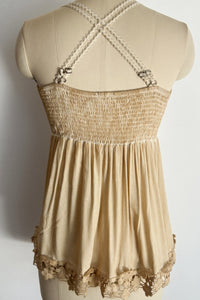 Women’s Garment Dyed Lace Trim Babydoll Cami Top – Crisscross Back Straps|W-08-005 Sand