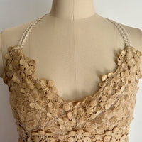 Women’s Garment Dyed Lace Trim Babydoll Cami Top – Crisscross Back Straps|W-08-005 Sand