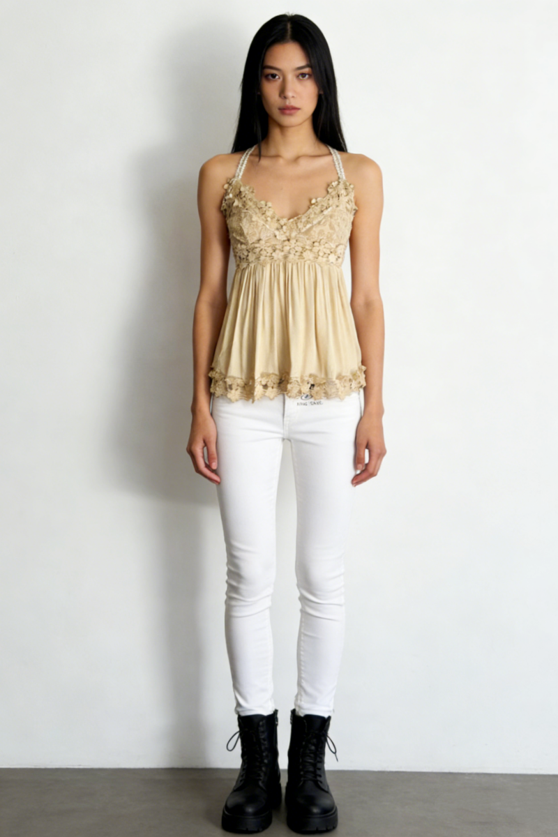 Women’s Garment Dyed Lace Trim Babydoll Cami Top – Crisscross Back Straps|W-08-005 Sand