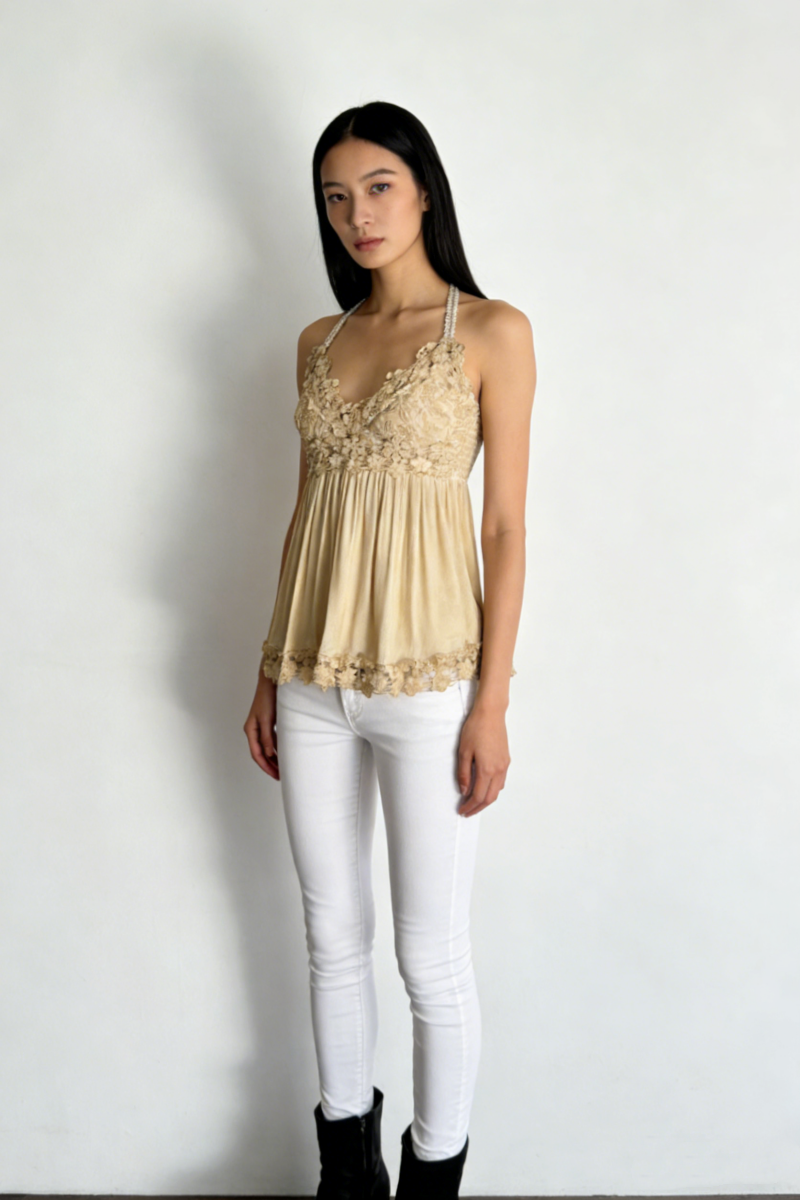 Women’s Garment Dyed Lace Trim Babydoll Cami Top – Crisscross Back Straps|W-08-005 Sand