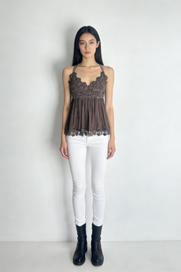 Women’s Garment Dyed Lace Trim Babydoll Cami Top – Crisscross Back Straps|W-08-005 Dark Choc