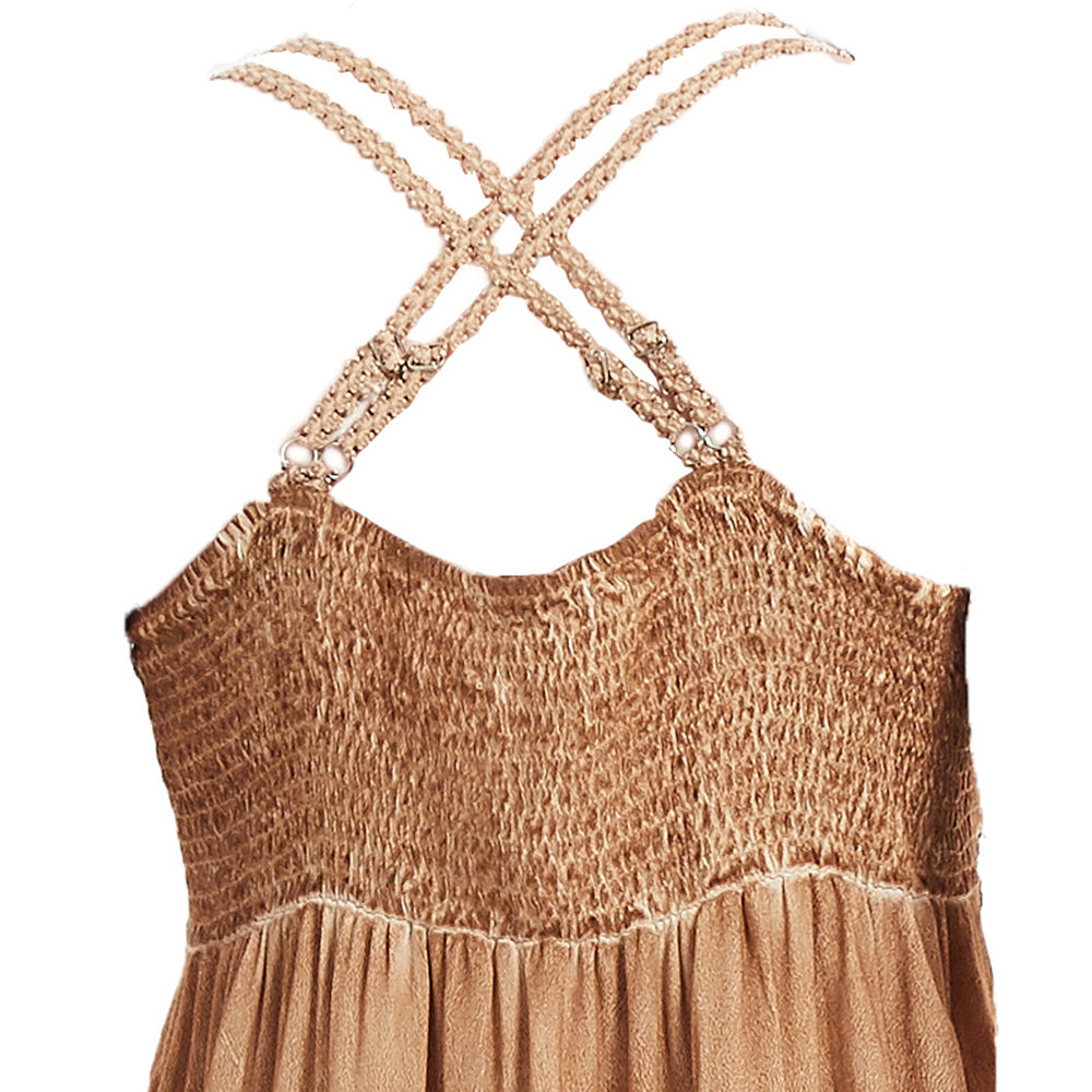 Women’s Garment Dyed Lace Trim Babydoll Cami Top – Crisscross Back Straps|W-08-005 Dark Choc，Graphite,Mocha,Sand