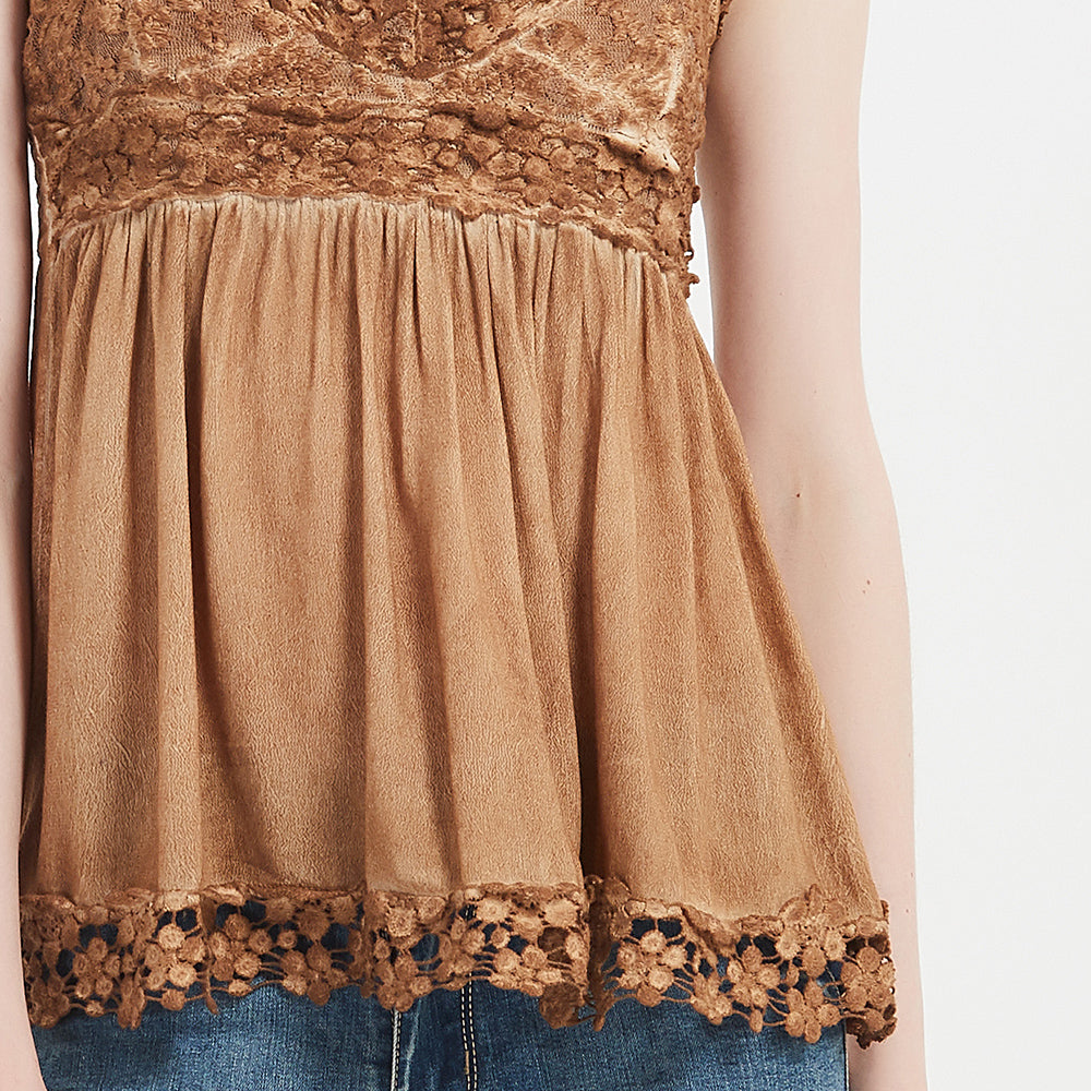 Women’s Garment Dyed Lace Trim Babydoll Cami Top – Crisscross Back Straps|W-08-005 Dark Choc，Graphite,Mocha,Sand