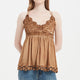 Women’s Garment Dyed Lace Trim Babydoll Cami Top – Crisscross Back Straps|W-08-005 Dark Choc，Graphite,Mocha,Sand