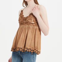 Women’s Garment Dyed Lace Trim Babydoll Cami Top – Crisscross Back Straps|W-08-005 Dark Choc，Graphite,Mocha,Sand