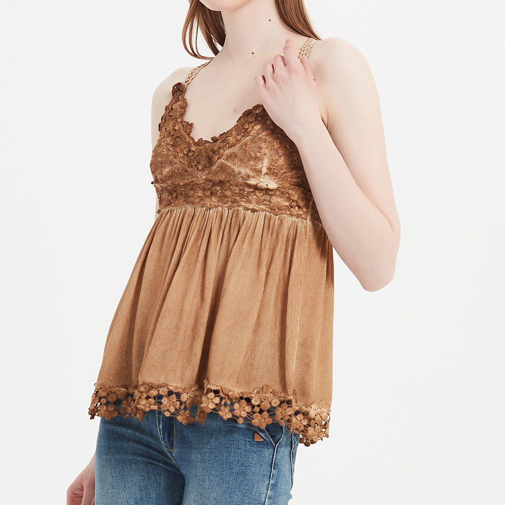 Women’s Garment Dyed Lace Trim Babydoll Cami Top – Crisscross Back Straps|W-08-005 Dark Choc，Graphite,Mocha,Sand