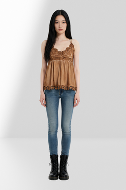 Women’s Garment Dyed Lace Trim Babydoll Cami Top – Crisscross Back Straps|W-08-005 Mocha