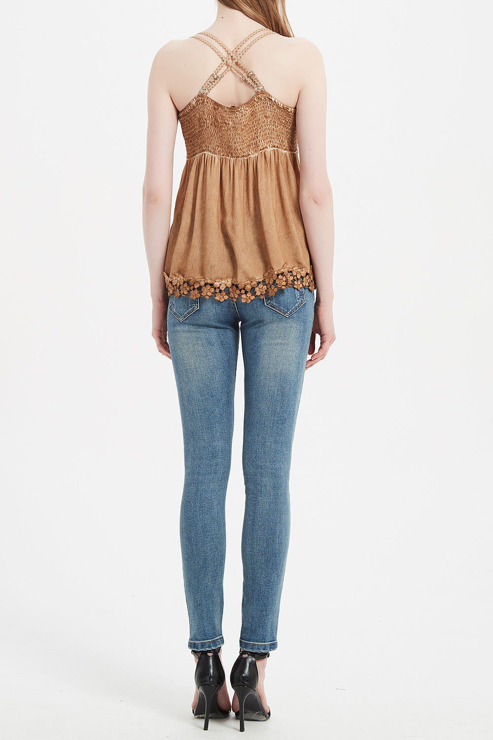 Women’s Garment Dyed Lace Trim Babydoll Cami Top – Crisscross Back Straps|W-08-005 Dark Choc，Graphite,Mocha,Sand