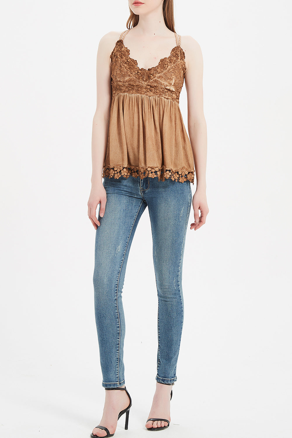 Women’s Garment Dyed Lace Trim Babydoll Cami Top – Crisscross Back Straps|W-08-005 Dark Choc，Graphite,Mocha,Sand