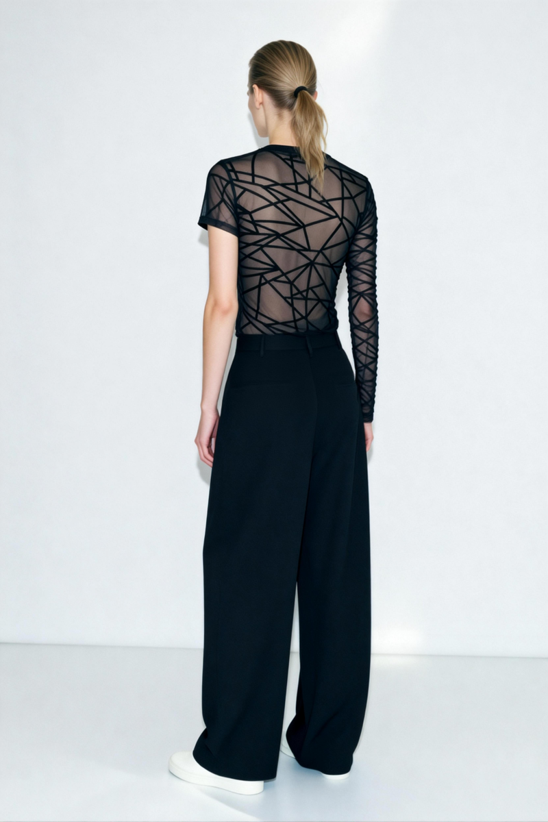 Top de malla flocada transparente con cuello medio para mujer | Manga larga | Estampado geométrico W-17-001 Negro