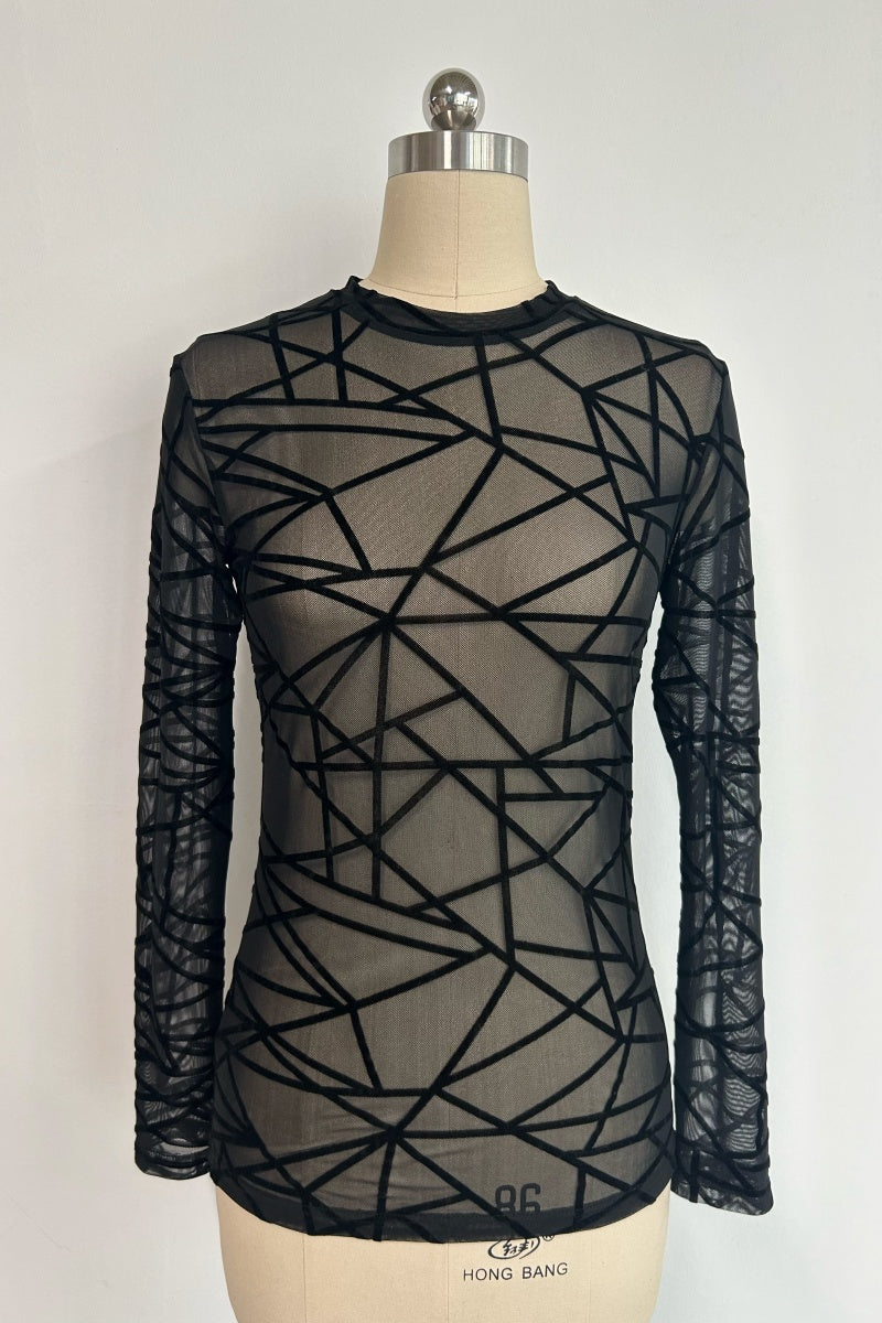 Top de malla flocada transparente con cuello medio para mujer | Manga larga | Estampado geométrico W-17-001 Negro