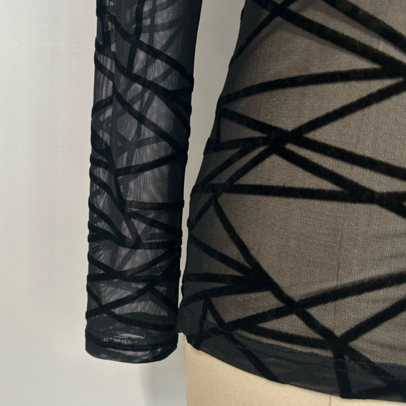 Top de malla flocada transparente con cuello medio para mujer | Manga larga | Estampado geométrico W-17-001 Negro