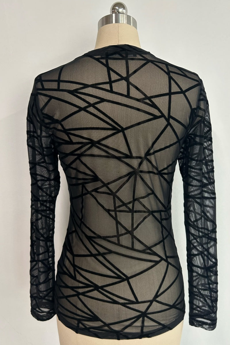 Top de malla flocada transparente con cuello medio para mujer | Manga larga | Estampado geométrico W-17-001 Negro