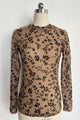Top de malla flocada transparente con cuello medio para mujer | Manga larga | Estampado floral W-17-001 Tan