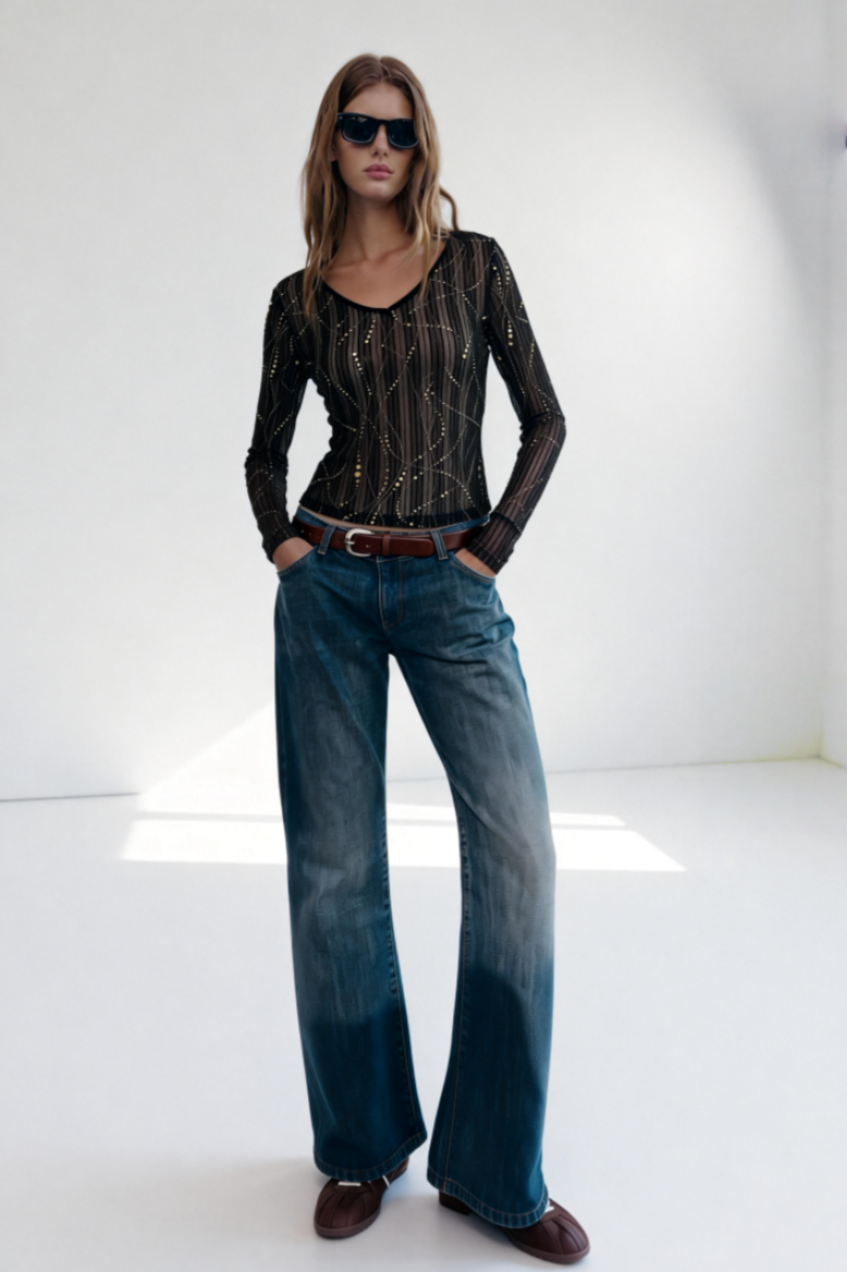 Women's V-neck Mesh Long Sleeve Top|Gold Allover Patter|W-17-002 BlackGold