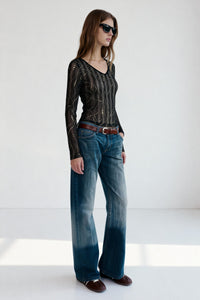 Women's V-neck Mesh Long Sleeve Top|Gold Allover Patter|W-17-002 BlackGold