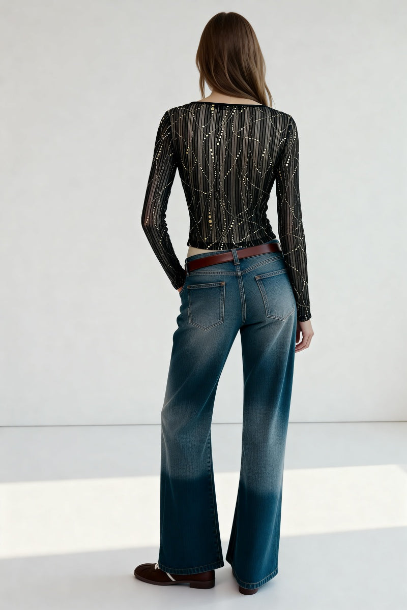 Women's V-neck Mesh Long Sleeve Top|Gold Allover Patter|W-17-002 BlackGold