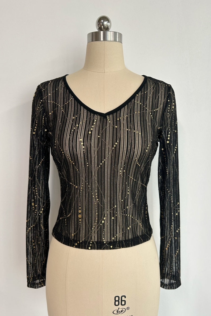 Women's V-neck Mesh Long Sleeve Top|Gold Allover Patter|W-17-002 BlackGold