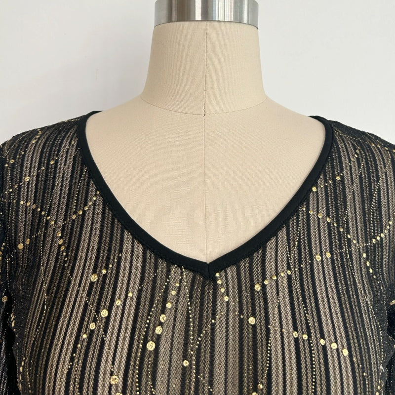 Women's V-neck Mesh Long Sleeve Top|Gold Allover Patter|W-17-002 BlackGold