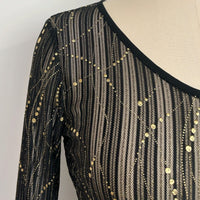 Women's V-neck Mesh Long Sleeve Top|Gold Allover Patter|W-17-002 BlackGold