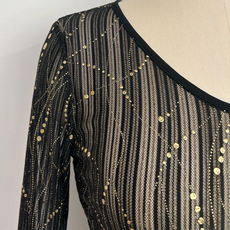 Women's V-neck Mesh Long Sleeve Top|Gold Allover Patter|W-17-002 BlackGold