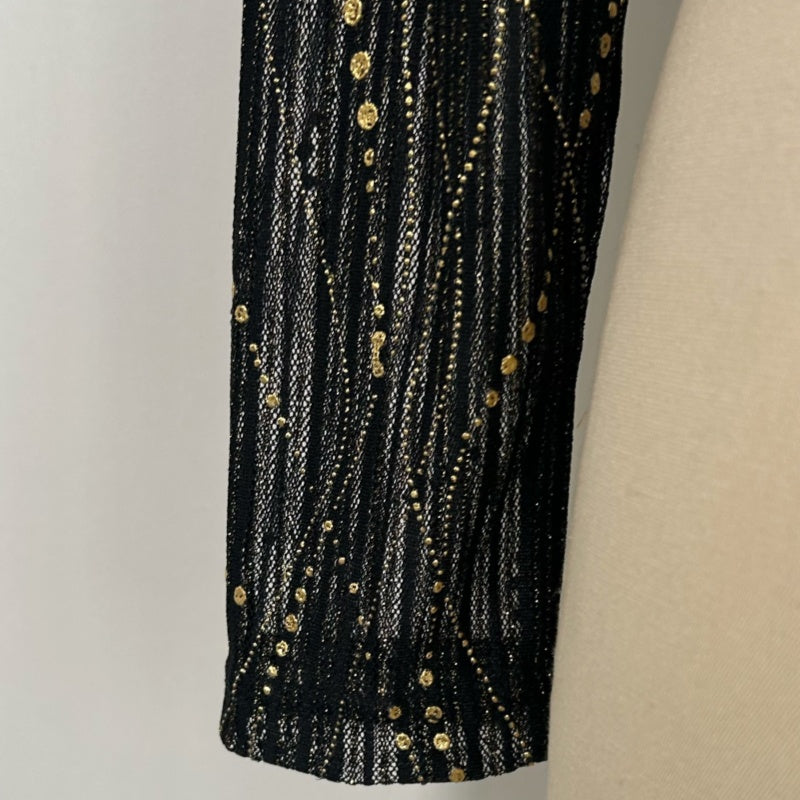 Women's V-neck Mesh Long Sleeve Top|Gold Allover Patter|W-17-002 BlackGold