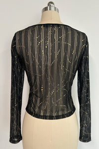 Women's V-neck Mesh Long Sleeve Top|Gold Allover Patter|W-17-002 BlackGold