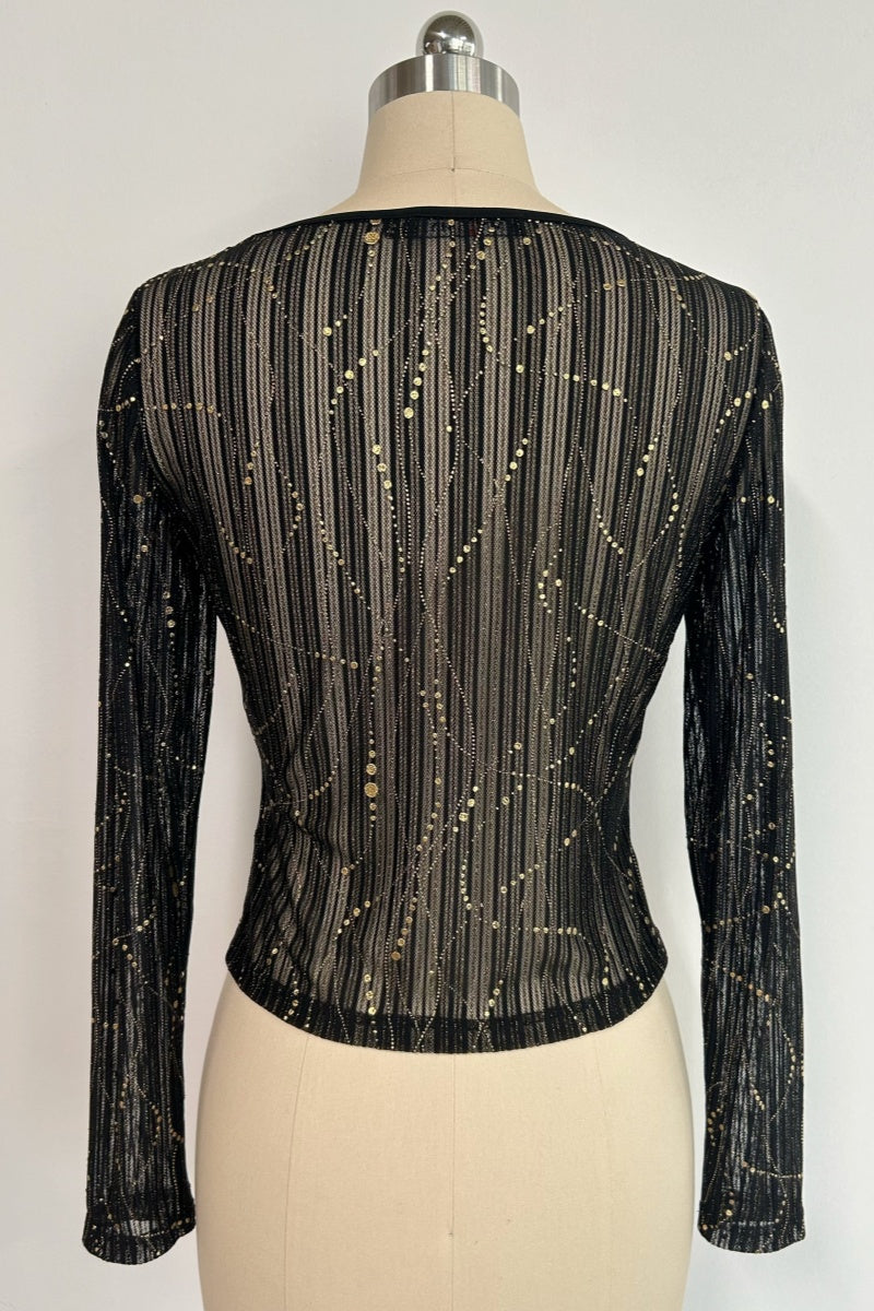 Women's V-neck Mesh Long Sleeve Top|Gold Allover Patter|W-17-002 BlackGold