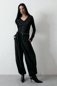 Women’s Stretch Sheer Silver Glitter Mesh V-Neck Top|W-17-002 Black/Silver