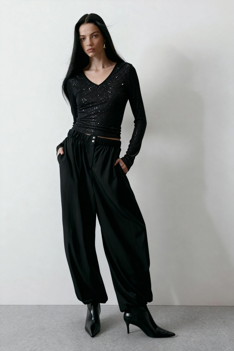 Women’s Stretch Sheer Silver Glitter Mesh V-Neck Top|W-17-002 Black/Silver