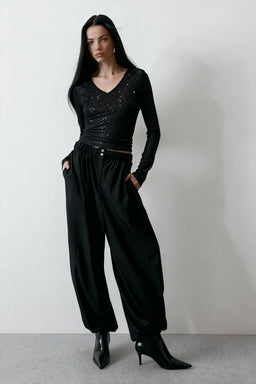 Women’s Stretch Sheer Silver Glitter Mesh V-Neck Top|W-17-002 Black/Silver