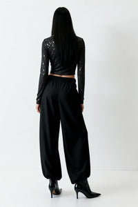 Women’s Stretch Sheer Silver Glitter Mesh V-Neck Top|W-17-002 Black/Silver