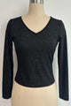 Women’s Stretch Sheer Silver Glitter Mesh V-Neck Top|W-17-002 Black/Silver