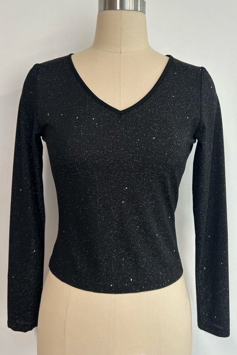 Women’s Stretch Sheer Silver Glitter Mesh V-Neck Top|W-17-002 Black/Silver
