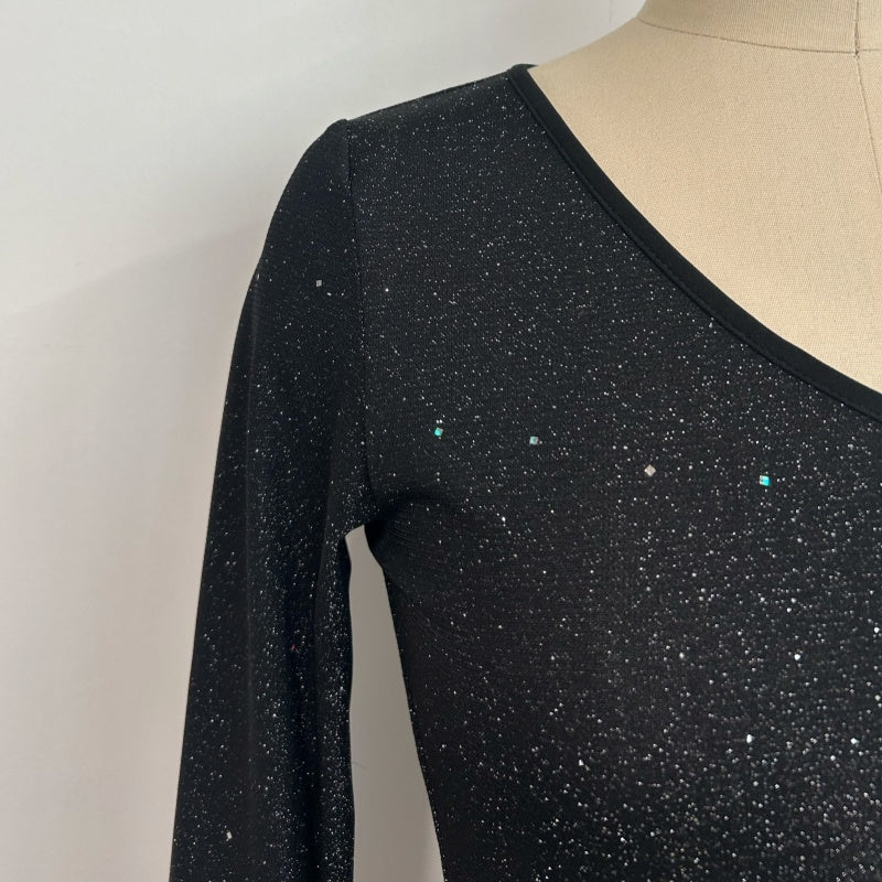 Women’s Stretch Sheer Silver Glitter Mesh V-Neck Top|W-17-002 Black/Silver
