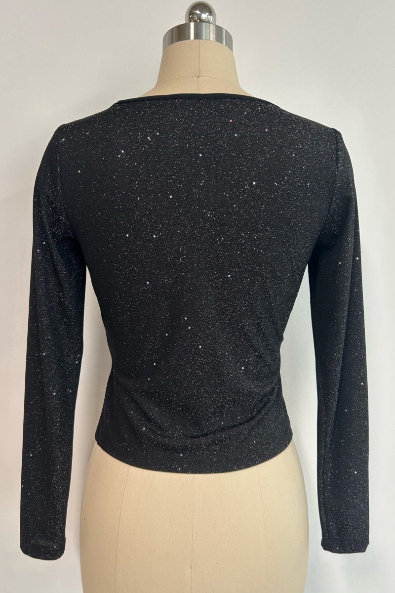 Women’s Stretch Sheer Silver Glitter Mesh V-Neck Top|W-17-002 Black/Silver