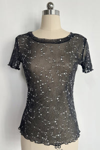 Women's Crew Neck Mesh Top with Silver Glitter Stars|Short Sleeve|W-17-003