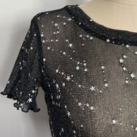 Women's Crew Neck Mesh Top with Silver Glitter Stars|Short Sleeve|W-17-003