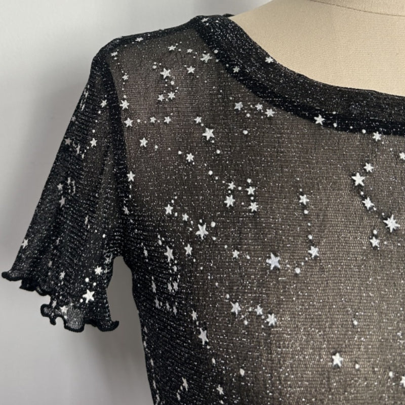 Women's Crew Neck Mesh Top with Silver Glitter Stars|Short Sleeve|W-17-003