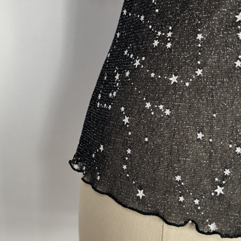 Women's Crew Neck Mesh Top with Silver Glitter Stars|Short Sleeve|W-17-003