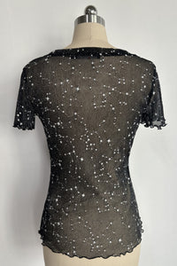 Women's Crew Neck Mesh Top with Silver Glitter Stars|Short Sleeve|W-17-003