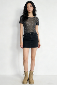 Women's Crew Neck Mesh Top with Silver Glitter Stars|Short Sleeve|W-17-003