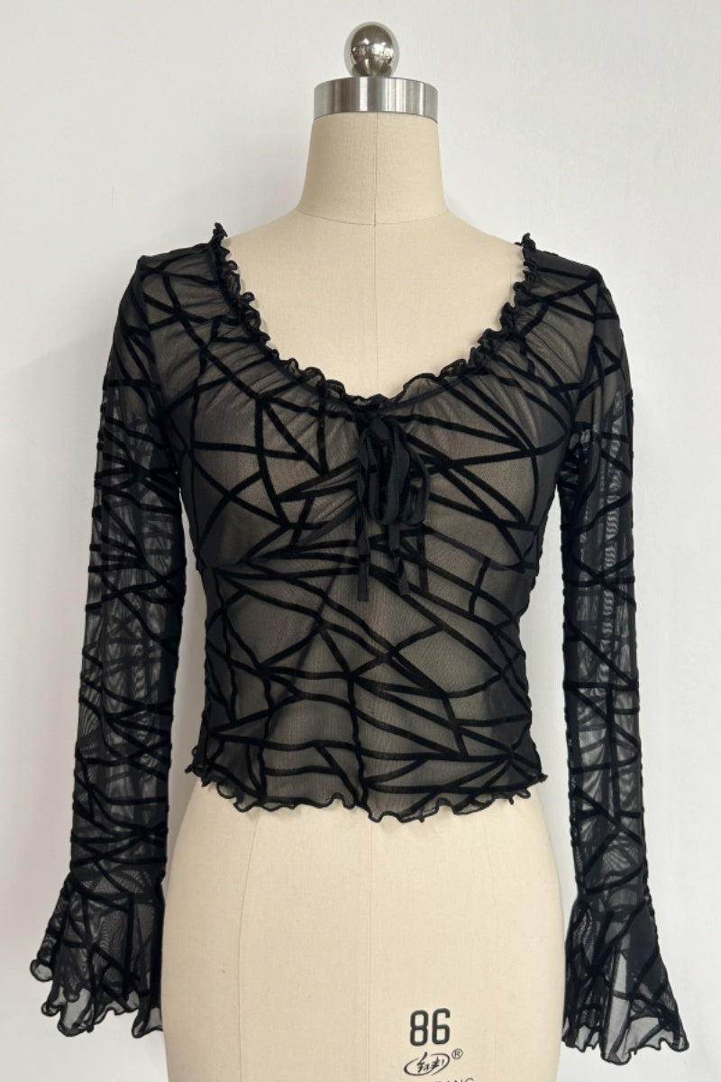 Women’s Ruffle Collar Long Sleeve Top with Front Tie – Slim Cropped Fit |W-17-004-Black Geometry