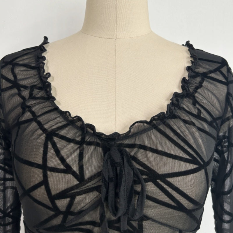 Women’s Ruffle Collar Long Sleeve Top with Front Tie – Slim Cropped Fit |W-17-004-Black Geometry