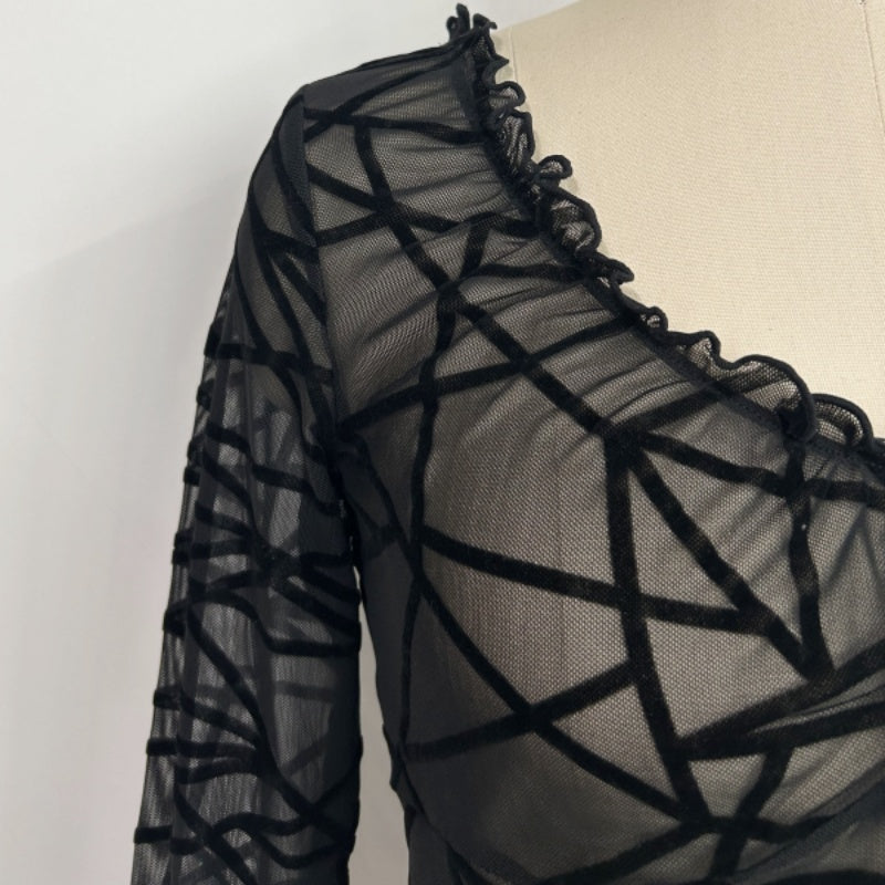 Women’s Ruffle Collar Long Sleeve Top with Front Tie – Slim Cropped Fit |W-17-004-Black Geometry